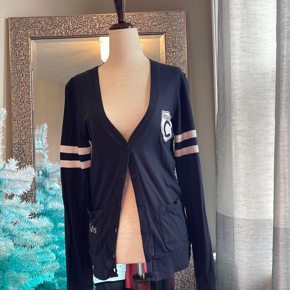 Women’s Navy Cubs Button Cardigan with Stripe Detail
